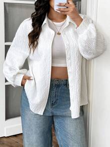 SHEIN Frenchy Cămașă albă cu textura pentru femei de mărimi plus, îmbrăcăminte de stradă casual elegantă