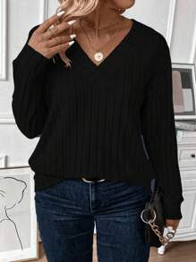 INAWLY Casual Fashion Fuzzy Rib Knit V-Neck Pullover Sweatshirt For Plus Size Women, Solid Color, For Winter - Black - View 1