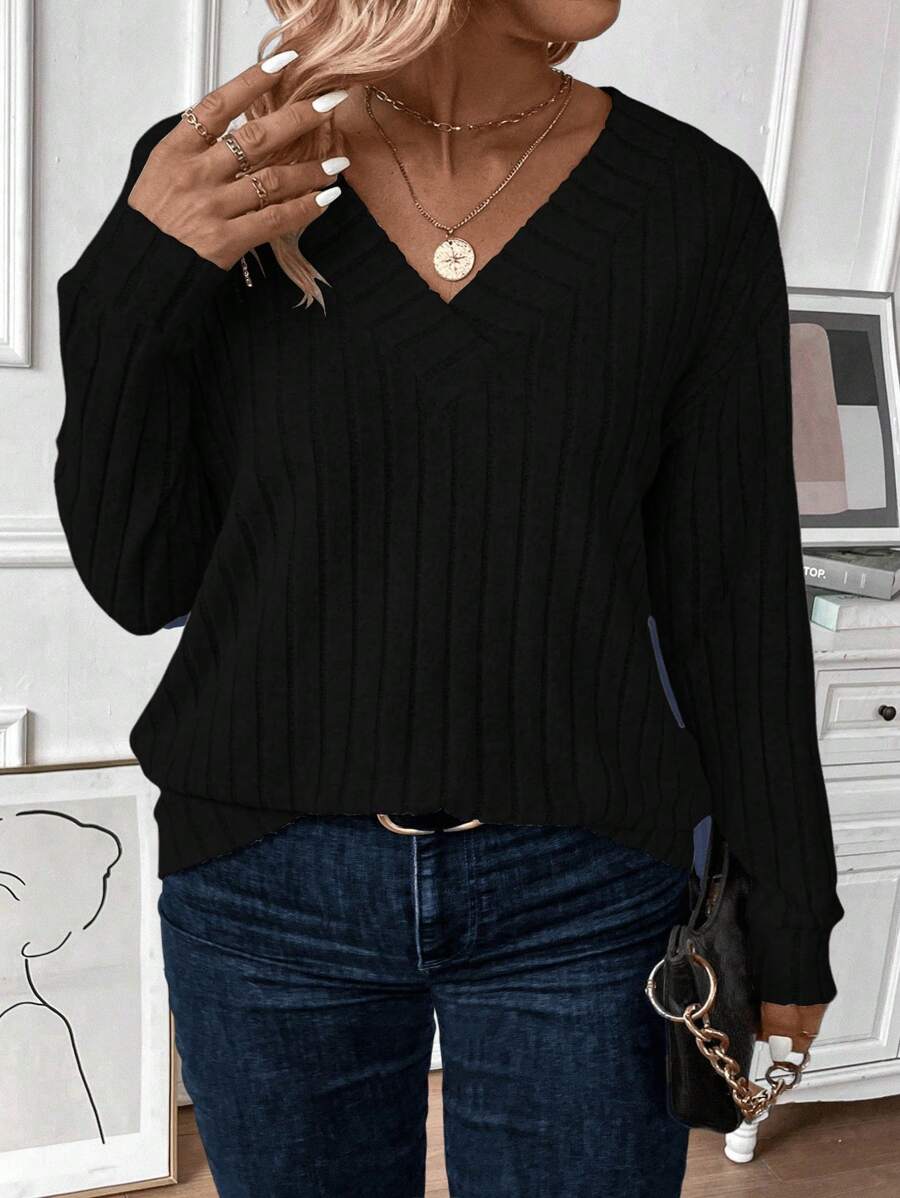 INAWLY Casual Fashion Fuzzy Rib Knit V-Neck Pullover Sweatshirt For Plus Size Women, Solid Color, For Winter - Black - View 1