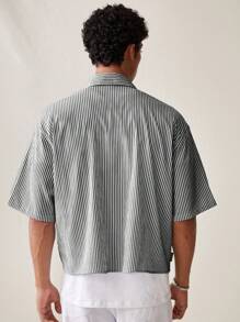 SWAVVY 男士时尚休闲条纹印花宽松短袖衬衫，春夏 - 灰色 - 查看 2
