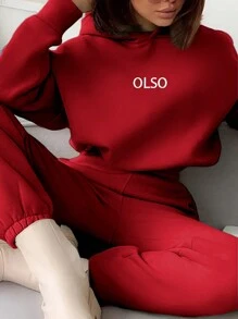 INAWLY 2pcs Women Casual Hooded Pullover Sweatshirt & Drawstring Waist Pocket Sweatpants Set - Red - View 3