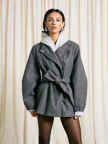 AiiRZ Wool Wrap Coat Winter Kimono Style Oversized Belted Long Outerwear Elegant Business Office Fall Autumn Spring Fashion - Dark Grey - View 4