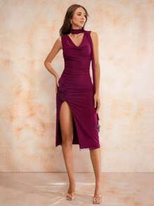 Glamine Ruched Ruffle Ruched Floral Frill Hem Trim Split Hem Dress, Elegant Christmas Party Outfit