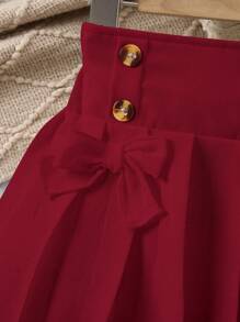 Falda plisada de línea A con decoración de lazo a la cintura, estilo minimalista, para niña, apropiada para el verano, actividades al aire  uso diario - Burdeos - Ver 6