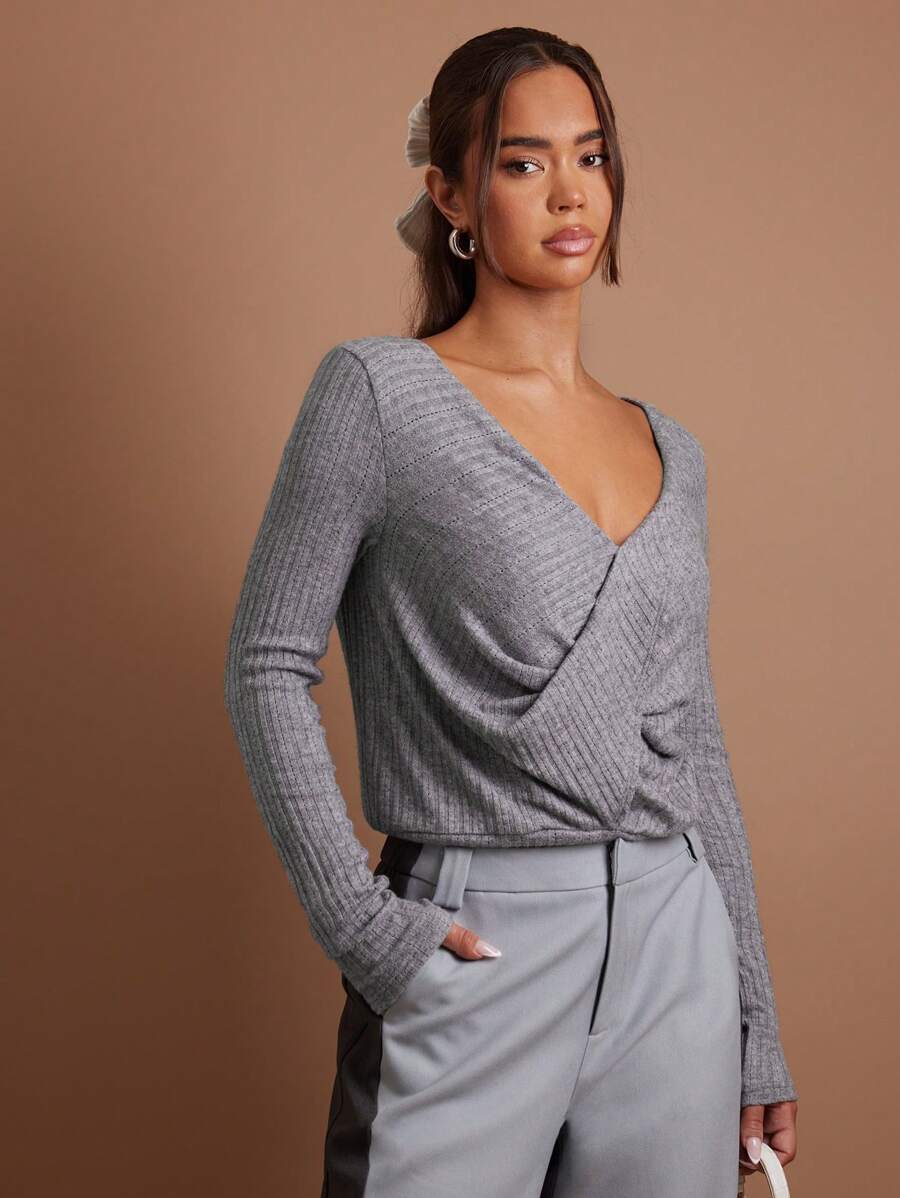 COSMINA Women V-Neck Long Sleeve Plain T-Shirt, Casual For Daily Wear - Grey - View 1