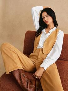 Poéselle 春季黄色法式两件套女士麂皮休闲前扣无袖露脐上衣和直筒裤，女士无袖上衣和裤子套装，春季麂皮套装，春季服装，女士西式服装 - 卡其色 - 查看 1