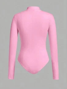 SHEIN EZwear Women Solid Color Thermal Lined Bodysuit, Minimalist Style For Autumn/Winter - Pink - View 8