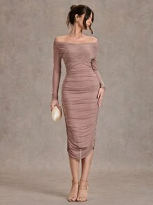 SHEIN BAE 1 pieza Vestido asimétrico para mujer con tirantes cruzados y fruncidos, fuera del hombro, de unicolor, adecuado para cócteles, citas románticas, capa inferior de otoño/invierno, fiestas, clubes, eventos formales, dama de honor, vestido de noche, vestido de Halloween, vestido de Navidad