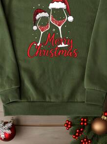 INAWLY Áo nỉ cổ tròn in họa tiết ly rượu Giáng sinh cỡ lớn cho nữ, mùa thu/đông - màu xanh lá - Xem 4