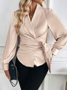 SHEIN Clasi 女士缎纹衬衫，优雅工作服，香槟色，柔软高档缎纹面料，环绕式领带，长袖