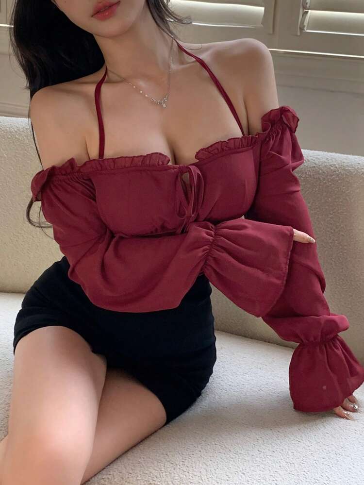 Elegant Women Solid Color Open Shoulder Halter Flare Sleeve Blouse, Autumn,Ruffle Long Sleeve Top Valentine's Day