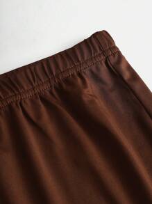 SHEIN Leap Crew 青少年女孩 2 件/套装 杏色棕色，休闲运动/百搭/外出/针织英文口号印花宽松运动衫和紧身裤套装/运动服