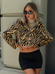 Aloruh Women's Winter Coat, Daily Fashion, Commuting, Casual, Simple Warm Coat, Zebra Stripe, Animal Print, Fluffy Hooded Long-Sleeved Cardigan Jacket, Suitable For Autumn And Winter - Brown - View 3