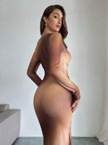 Firerie 女士圆领长袖扎染印花紧身长裙，秋冬 - 彩色 - 查看 4