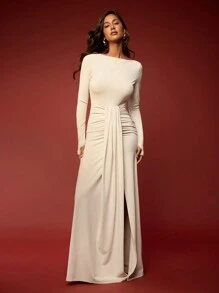 Opulessa 秋冬派对圣诞性感优雅度假纯色针织修身连衣裙，女式船领长袖 - 杏色 - 查看 4