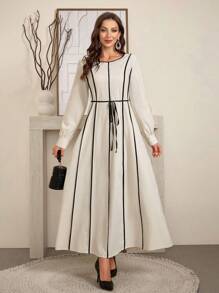 Al Najma Women's Round Neck Contrast Trim Belted Long Sleeve Elegant Arabian Modest Dress, Elegant A Line Arabian Dresses, Casual Daily