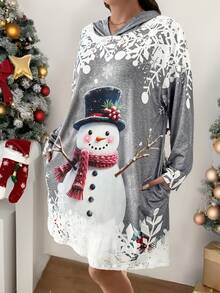 SHEIN LUNE Váy dài tay rộng rãi in hình người tuyết cỡ lớn bằng vải dệt kim dài đến đầu gối có mũ trùm đầu - Nhiều màu - Xem 5