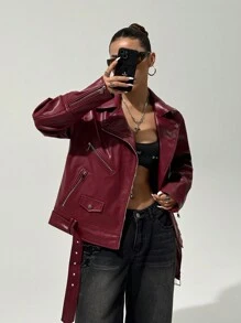 StreetHx Women's Belted Faux Leather Burgundy Red Long Sleeve Zipper Collar Loose Motorcycle Jacket, For Autumn&Winter - Burgundy - View 1