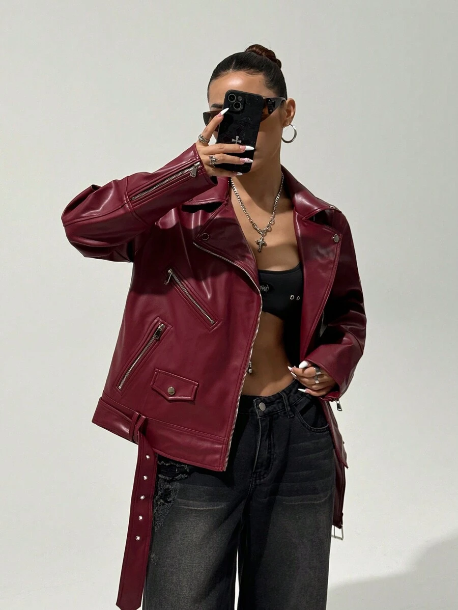 StreetHx Women's Belted Faux Leather Burgundy Red Long Sleeve Zipper Collar Loose Motorcycle Jacket, For Autumn&Winter - Burgundy - View 1
