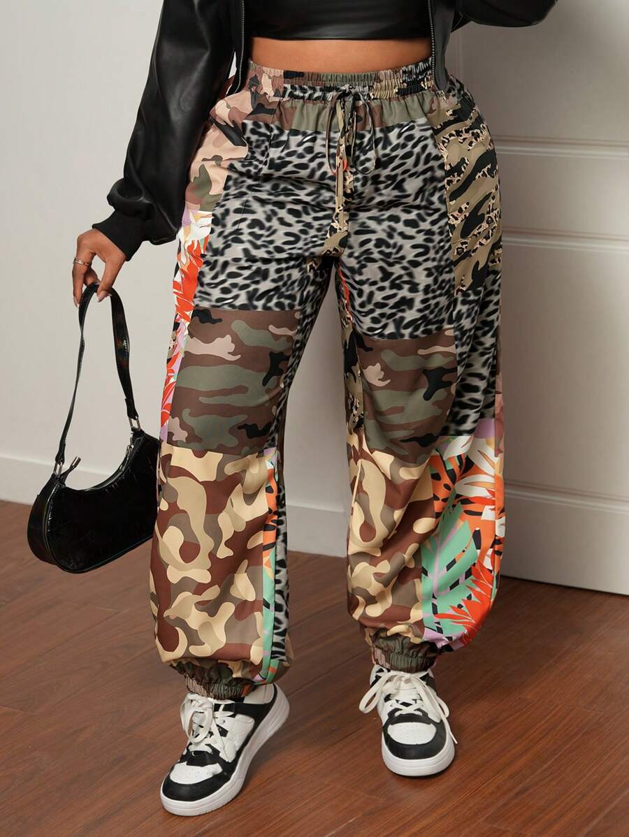 Slaydiva Plus Size Women Camo & Leopard Print Patchwork Pants