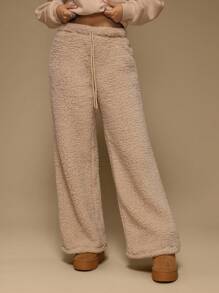 Forever 21 Damen Lässig einfarbige Sherpa-Fleece-Hose für den Winter