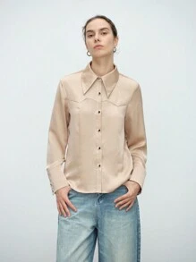 SHEIN LUNE Camisa de mujer elegante y de moda para uso diario, de manga larga, cuello alto, abierta por delante, de textura y unicolor - Champán - Ver 5
