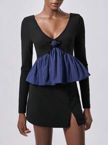 Chiquease 全新秋冬女士时尚花卉装饰荷叶边下摆短款 T 恤上衣 - 藏蓝色 - 查看 6