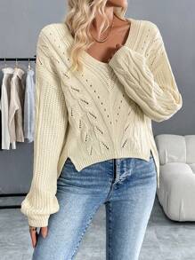 Chiquease Plain Color Dropped Shoulder Loose Knit Sweater, Casual Autumn/Winter Knit Pullover Fall - White - View 5