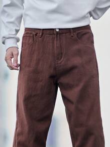 Manfinity Hypemode Plus Size Men Wide Leg Solid Color Pocket Casual Loose Denim Pants, Plain Long Straight Leg Dark Jeans Washed Cargo Jeans, For Husband, Boyfriend Gifts - Coffee Brown - View 7