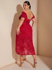 SHEIN BAE Plus Size Red Summer Elegant Satin Party Mesh All-Over Floral Print Flocked Tube Top Draped Suspender Wrap Overlapping Pleated Slit Bodycon Dress - Red - View 2