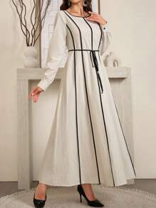 Al Najma Women's Round Neck Contrast Trim Belted Long Sleeve Elegant Arabian Modest Dress, Elegant A Line Arabian Dresses, Casual Daily