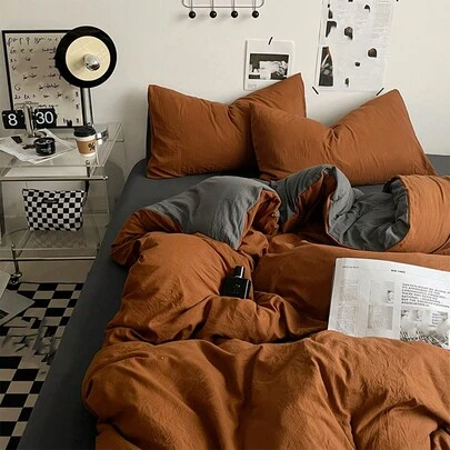 3 件套宿舍床品套装 - 1 个羽绒被套、2 个枕套、橙色和深灰色、超柔软亲肤、透气、可机洗