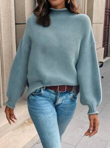 SHEIN LUNE Sweater Longgar Wanita Kasual Warna Polos Kerah Tinggi Ukuran Besar, Pakaian Rajut Sehari-hari Musim Gugur Musim Dingin - Biru - View 3