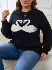 SHEIN EZwear 大码女式休闲日常天鹅图案落肩宽松立领毛衣，适合冬季秋季穿着。 - 黑色 - 查看 5