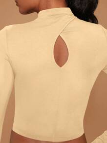 Hauture Cross Over Halter Hollow Out Long Sleeve Jersey Top - Apricot - View 5