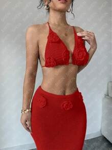 Chiquease Bộ 2 áo hở lưng họa tiết hoa 3D gợi cảm cho nữ và chân váy Maxi đuôi cá dài siêu dài - Đỏ - Xem 6