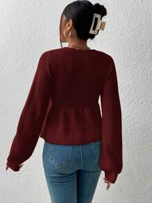 SHEIN Clasi Plus Size Lantern Sleeve Wave Collar Cinched Waist Pullover Sweater - Burgundy - View 2