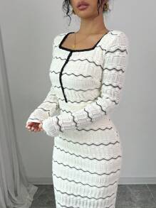 Modelyn 1 Peça Vestido Longo Elegante de Malha Jacquard em Bloco de Cor Abricó para Mulheres, Conjunto Longo de Vestidos de Noite para Mulheres - Damasco - Visão 3