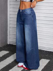 SHEIN ICON 1pc Women's Wide Leg Loose Casual Denim Jeans With Pockets