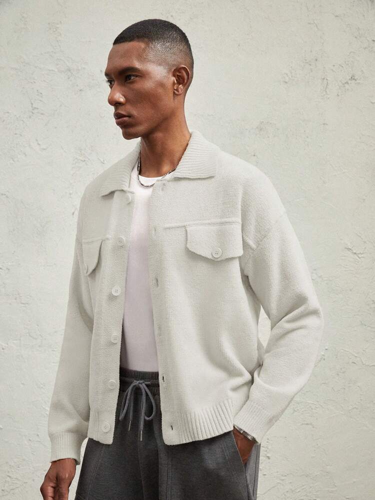 Men's Loose Fit Dropped Shoulder Long Sleeve Casual Split Pocket Cardigan Short Sweater, Suitable For Autumn/Winter, Light Pink