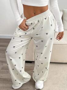 Chiquease 休闲宽松蝴蝶图案印花松紧腰女式运动裤 - 杏色 - 查看 6