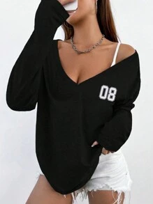 Flirla Áo thun tay dài cổ chữ V họa tiết số mùa thu dành cho nữ Áo thun họa tiết dành cho nữ mùa xuân - màu đen - Xem 1