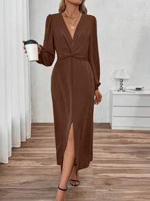 Calvaya 女士优雅纯色扭纹细节前开衩连衣裙，秋季长款女装秋季服装 - 棕色 - 查看 1