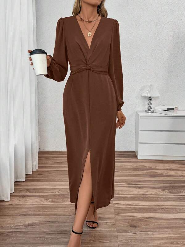 Calvaya Women's Elegant Solid Color Twist Detail Front Slit Dress, Autumn Maxi Women Outfit