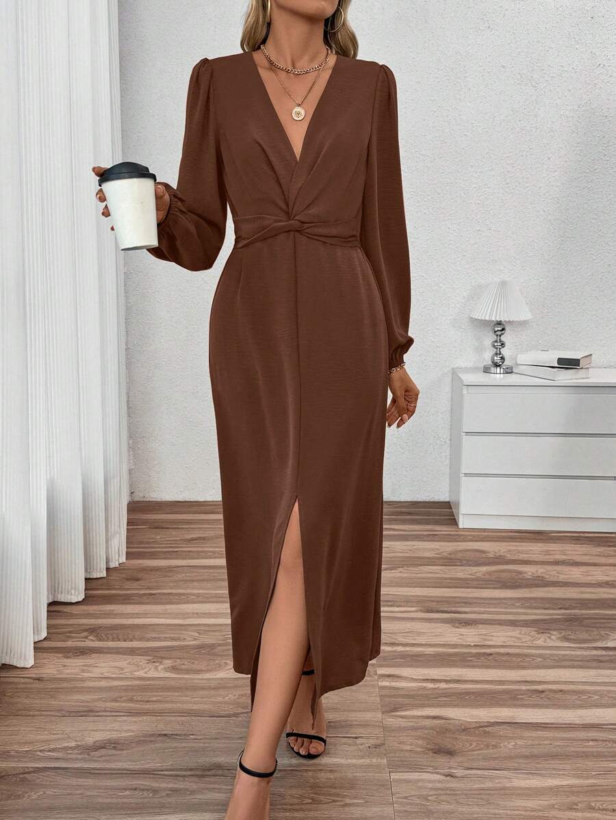 Calvaya 女士优雅纯色扭纹细节前开衩连衣裙，秋季长款女装秋季服装 - 棕色 - 查看 1