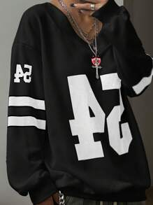 StreetHx 女士休闲撞色数字印花运动卫衣，毕业季、教师节、返校季套头衫 - 黑色 - 查看 3