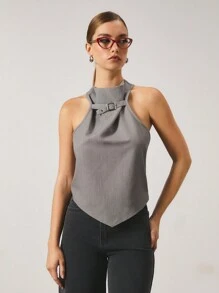COSMINA Camiseta de mujer de unicolor con hebilla ajustable y cuello de halter, adecuada para el uso diario y la oficina
