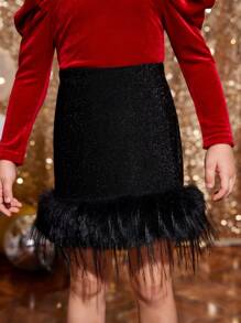 SHEIN Young Girl Metallic Tinsel Pleated A-Line Skirt, Suitable For Christmas Party Wear - Black - View 1