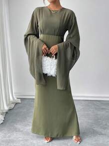 Chiquease Vestido largo de manga larga y murciélago para mujer, de unicolor, sexy y casual de gasa con lazo en la cintura, para otoño/invierno