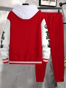 Manfinity Homme 2 pezzi Set di giacca da baseball e pantaloni casual da uomo con stampa di slogan e colore a contrasto, per l'autunno